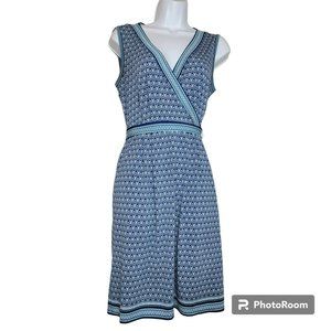 Max Studio Dress, Women S, Blue and White Leaf Print, Faux Wrap, Sleeveless, EUC
